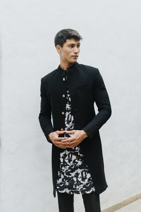 The Suede Black Cutaway Sherwani Jacket