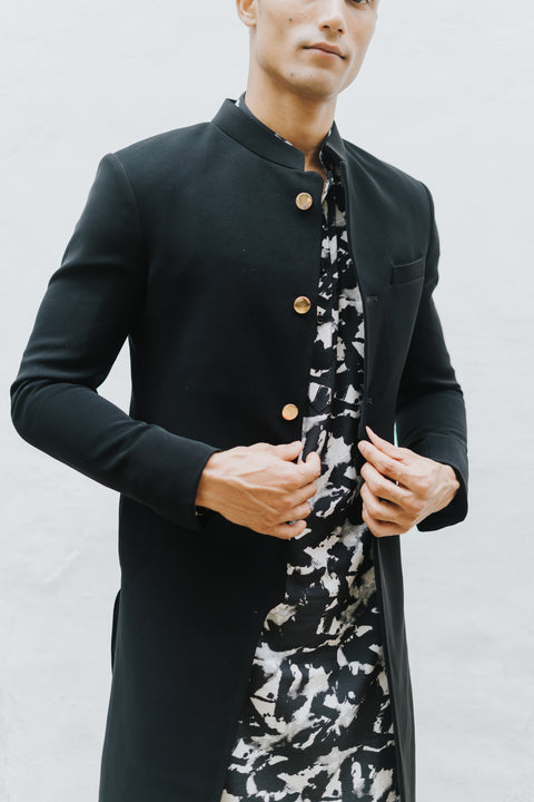 The Suede Black Cutaway Sherwani Jacket